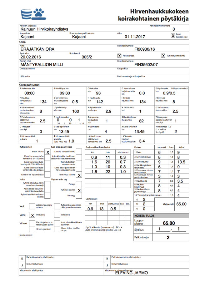 Eräjätkän Ora HIRV2 Kajaani 01.11.2017