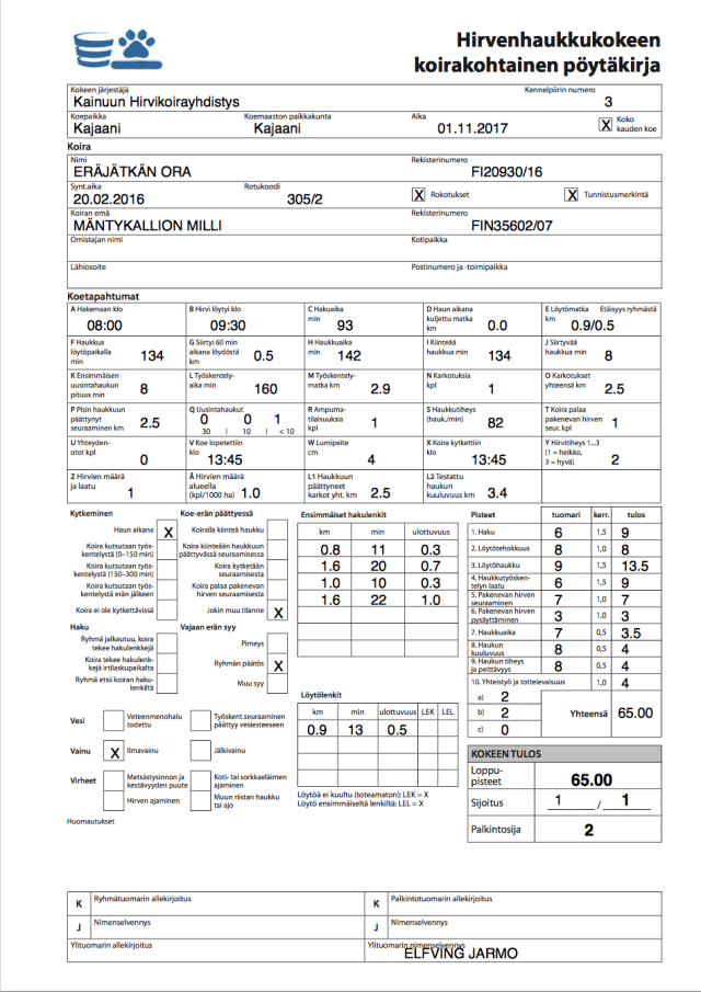 Eräjätkän Ora HIRV2 Kajaani 01.11.2017